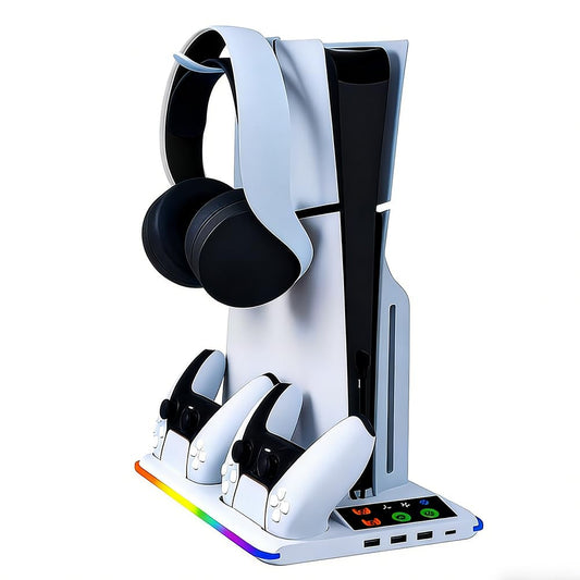 TicEaik PS5 stand with vertical cooling fans, dual controller charging station, 3USB and 1Type-C ports, LED light for PS5/Slim/Pro