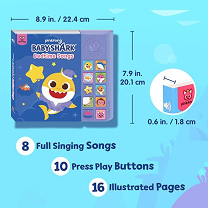 Pinkfong Baby Shark bedtime sound book with 10 buttons, featuring lullabies and colorful illustrations for toddlers' interactive learning.