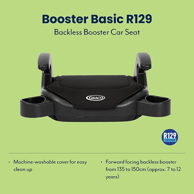 Graco Booster Basic R129 Backless Booster Car Seat, Lightweight at only 1.4kg, Suitable from approx. 7 to 12 years (135-150cm), Black fashion