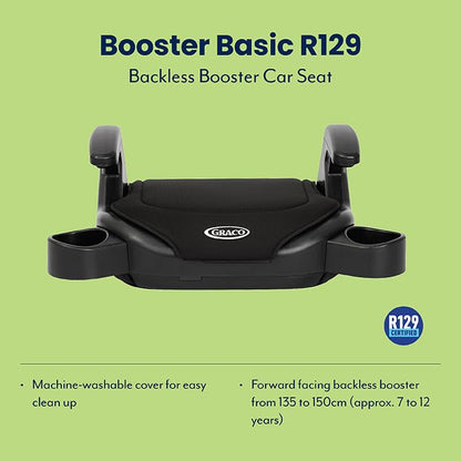 Graco Booster Basic R129 Backless Booster Car Seat, Lightweight at only 1.4kg, Suitable from approx. 7 to 12 years (135-150cm), Black fashion