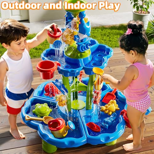 DULONIME 3-Tier Sand and Water Table Toys for Kids Aged 3 4 5 6 7 8, Water Waterfall Sensory Play Table with Beach Toys Accessories, Outdoor Activity Playset for Toddlers 2-4 3-5 4-6, Birthday Gifts