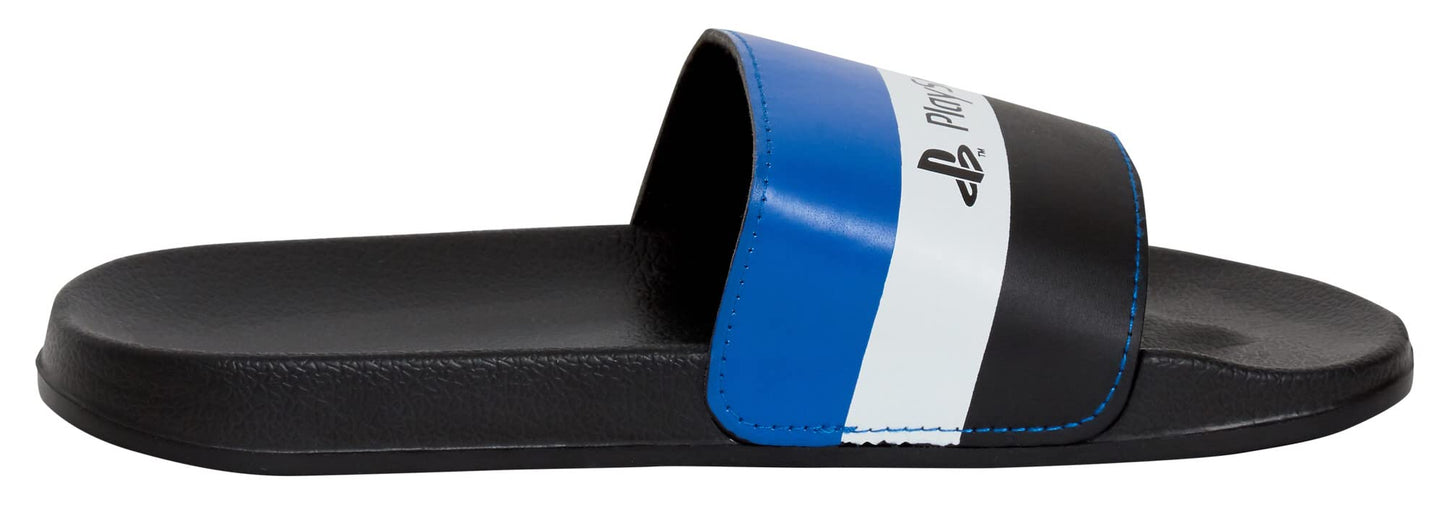 PlayStation men's black slip-on gaming sandals with PlayStation logo, designed for teens and boys, size UK 9, casual shower shoes