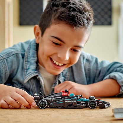LEGO Speed Champions Mercedes-AMG F1 W15 race car toy with collectible Formula 1 driver minifigure, model kit for ages 10+.