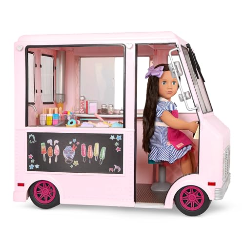 Our Generation pink ice cream truck playset with 129 accessories for 18-inch girl dolls, showcasing colorful ice cream treats.