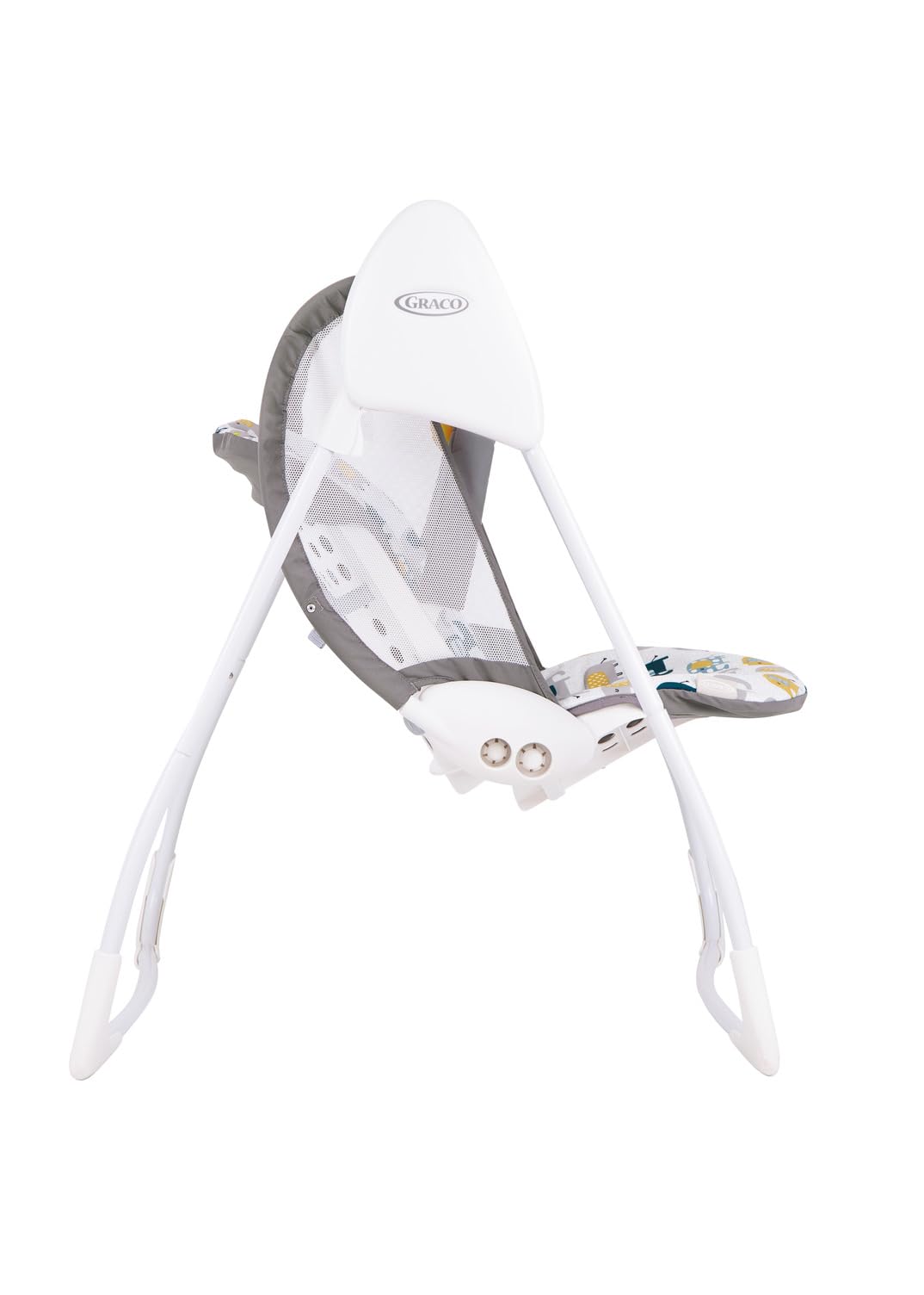 Graco Baby Delight Swing in Parade fashion, lightweight 4.67kg, compact fold, suitable from birth to 6 months with two swing speeds.