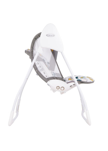Graco Baby Delight Swing in Parade fashion, lightweight 4.67kg, compact fold, suitable from birth to 6 months with two swing speeds.