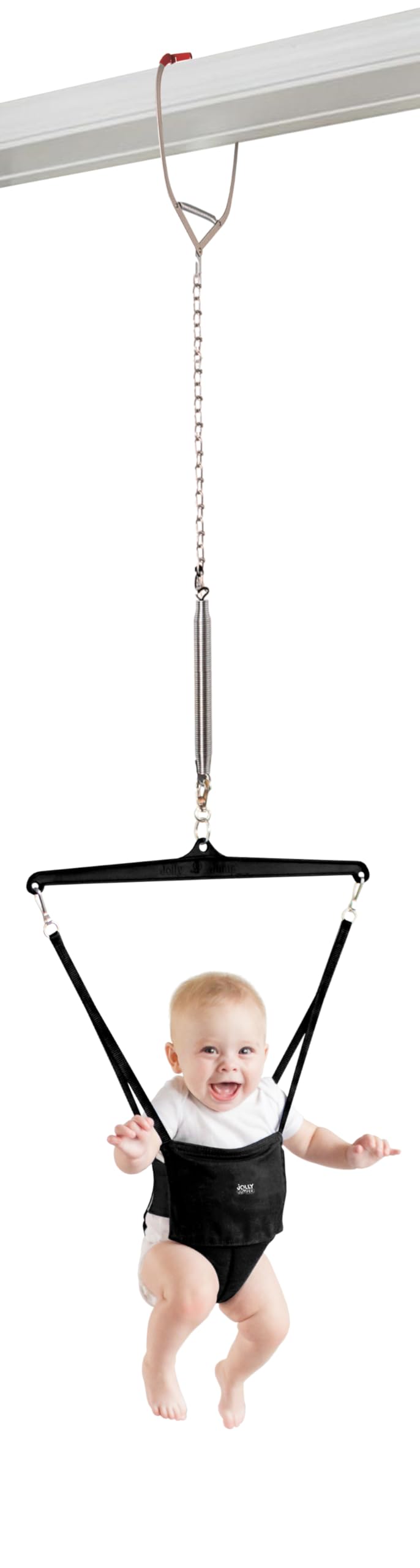 Baby in The Original Jolly Jumper Baby Exerciser with door clamp, showing the colorful jumper seat and secure attachment to door frame.