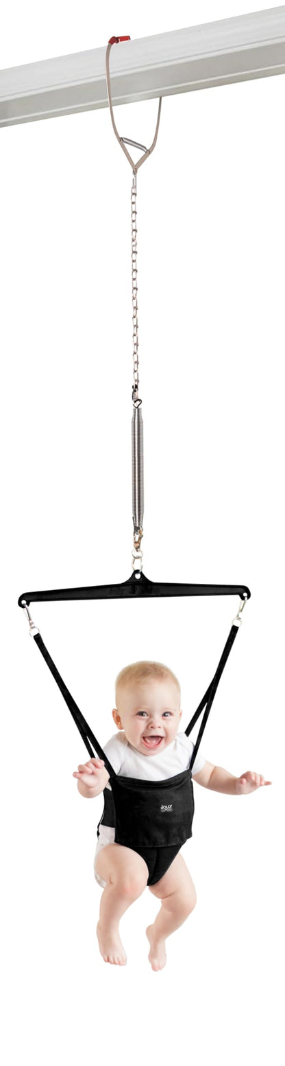 Baby in The Original Jolly Jumper Baby Exerciser with door clamp, showing the colorful jumper seat and secure attachment to door frame.