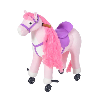 HOMCOM Plush Walking Horse Ride On Toy with Wheels and Realistic Sounds Rocking Horse for Girls Boys 3+ Years Old, 50cm Tall, Pink