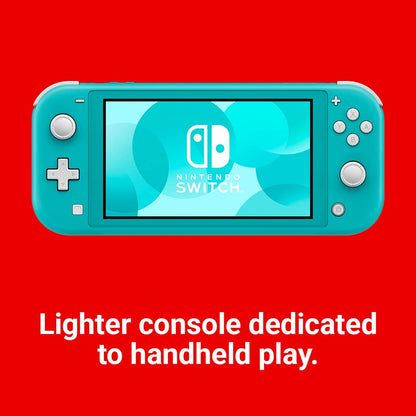 Nintendo Switch Lite in turquoise with a compact gaming console and colorful control buttons, designed for portable gaming.