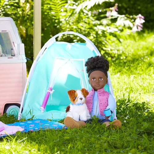 Our Generation Happy Camper set featuring tent, sleeping bag, campfire accessories, and mug for 18" dolls.