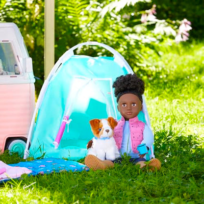 Our Generation Happy Camper set featuring tent, sleeping bag, campfire accessories, and mug for 18" dolls.
