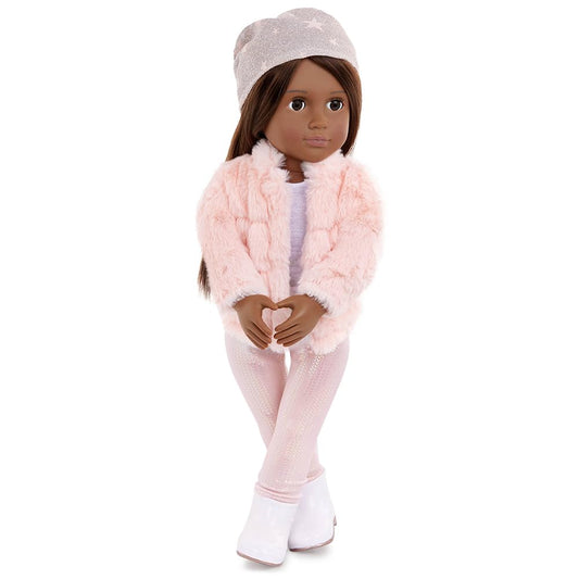 Pink faux-fur coat outfit for 18-inch dolls, part of Our Generation fashion accessories for pretend play.