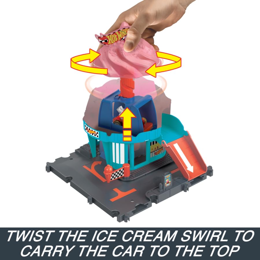 Hot Wheels Let's Race City Track Set with car and ice cream shop, featuring interconnecting track for playtime fun.