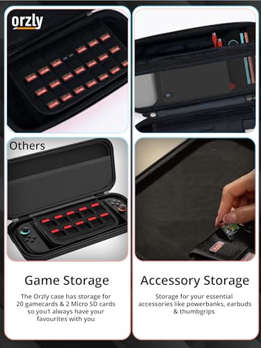 Orzly Nintendo Switch 2 travel case with screen padding, game card slots, microSD storage, zipped and open pockets for accessories