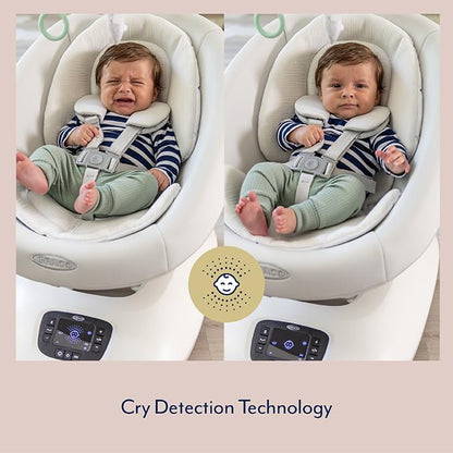 Graco Eluma Sway baby swing in Rori fashion with cry detection, 3 recline positions, and soothing features for infants up to 6 months.
