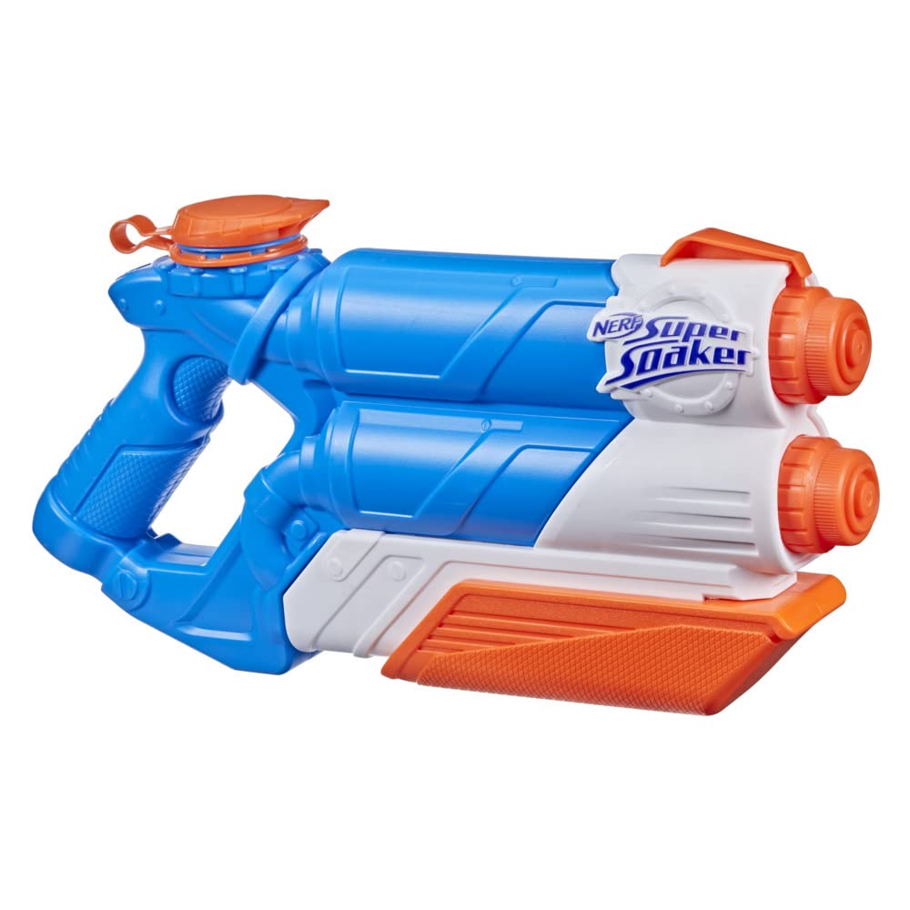 Super Soaker Twin Tide water blaster with pump action, outdoor water toy for kids, featuring dual water tanks and vibrant design.