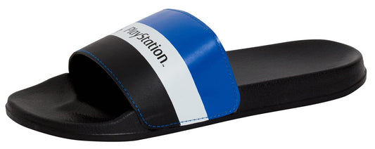 PlayStation branded men's black slip-on gaming sandals with PlayStation logo, designed for teens and boys, size 9 UK.