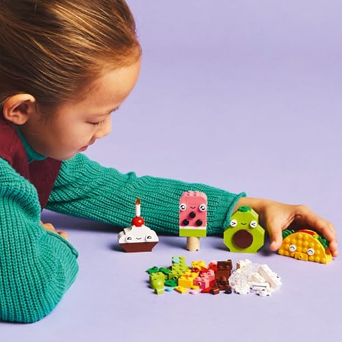 LEGO Classic Creative Food Friends playset featuring cupcake, ice cream, avocado, and taco bricks for imaginative play.