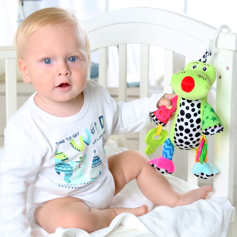 MEERO LONDON Crocodile Clip-on Pram Toy with teether, sensory toy for newborn babies boys and girls, attached to stroller or pushchair