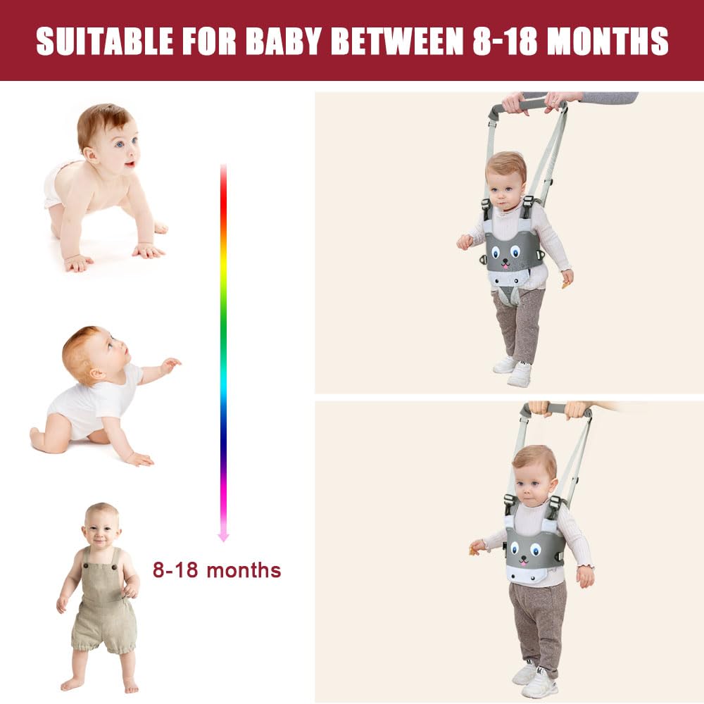Vicloon Baby Walking Harness, Safe Walking Belt, Hand-Held Baby Walker, Removable, Adjustable Walking Harness, Breathable Handheld Baby Walker Toddler Walking Assistant - Grey Puppy