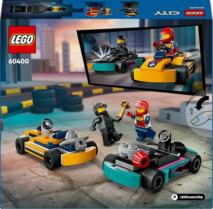 LEGO City Go-Karts playset featuring two driver minifigures and colorful racing vehicles for kids aged 5 and up.