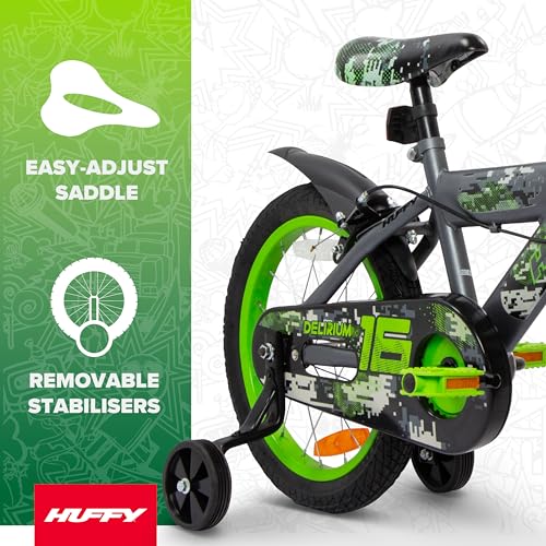 Huffy Delirium 16-Inch Boys’ Bike, Durable Steel Frame, Dual Caliper Brakes, Removable Stabilisers, Single-Speed, Kids’ Bicycle for Ages 4-6, Storm Matte Grey & Lime Green