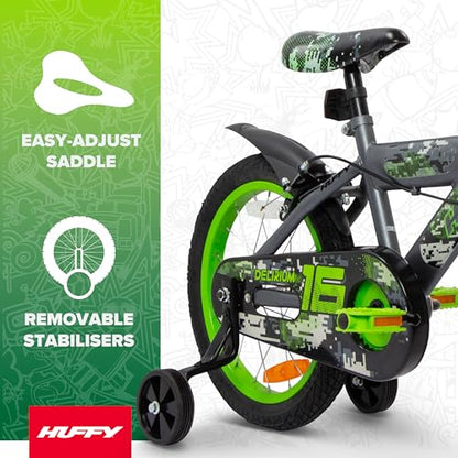 Huffy Delirium 16-Inch Boys’ Bike, Durable Steel Frame, Dual Caliper Brakes, Removable Stabilisers, Single-Speed, Kids’ Bicycle for Ages 4-6, Storm Matte Grey & Lime Green