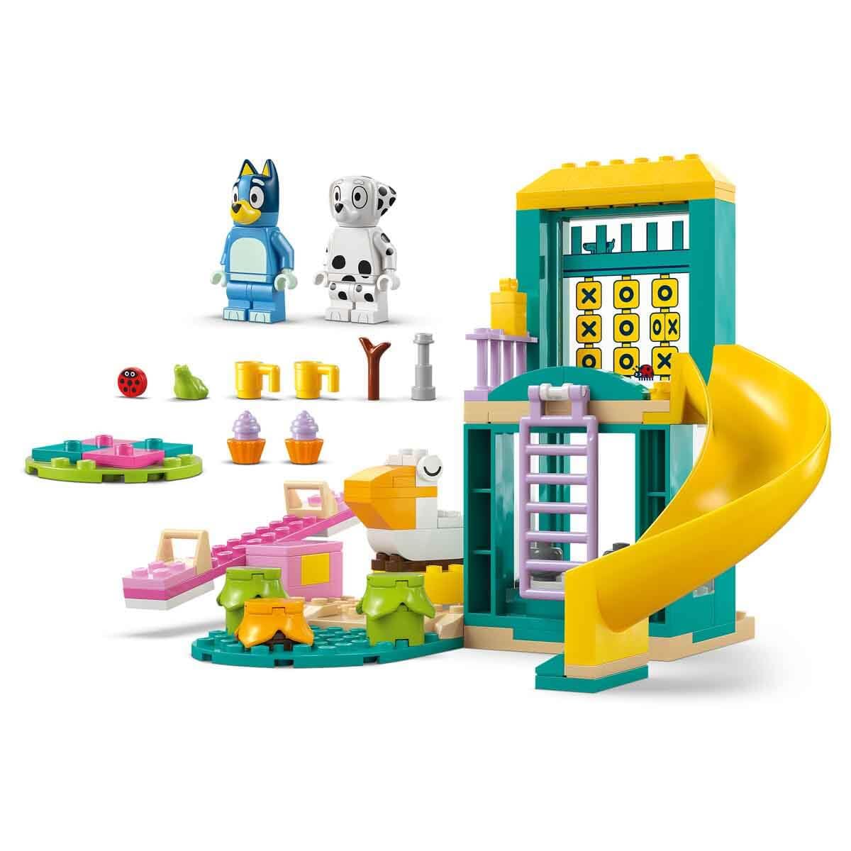 LEGO Bluey Playground Fun set featuring Bluey and Chloe minifigures, slide, see-saw, climbing frame, and plants.