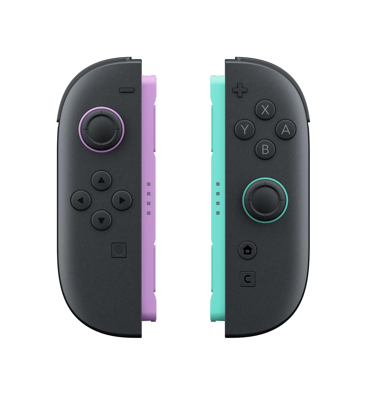 Nintendo Joy-Con controllers in light purple and light green, wireless game controllers for Nintendo Switch gaming console.