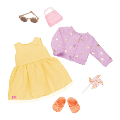 Our Generation summer dress outfit for 18-inch dolls with sunny day accessories, featuring a bright, cheerful design.
