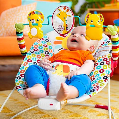 Bright Starts Playful Pinwheels Bouncer with colorful fabric and toy bar for infants, featuring a cozy padded seat and adjustable canopy.