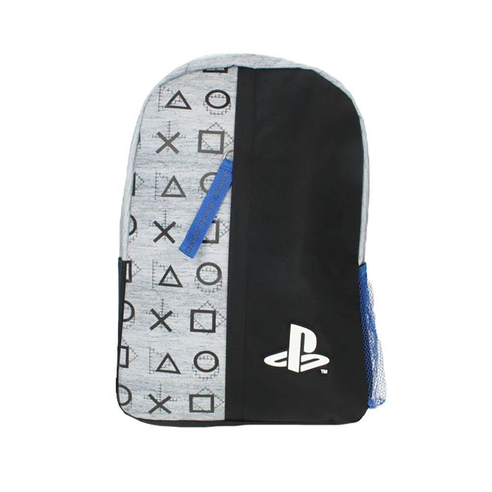 PlayStation logo black and blue unisex backpack with lightweight polyester fabric, featuring adjustable straps and multiple compartments.