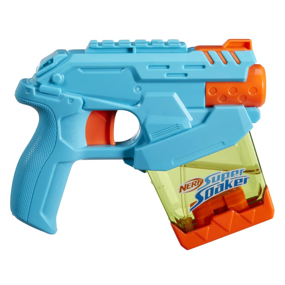 Super Soaker Mini Dunk-Fill water blaster for ages 6+ with colorful design and compact size, perfect for outdoor water fun.