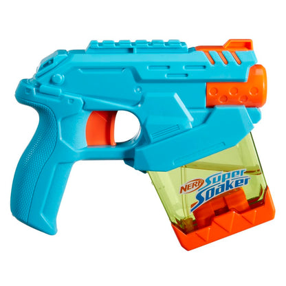 Super Soaker Mini Dunk-Fill water blaster for ages 6+ with colorful design and compact size, perfect for outdoor water fun.