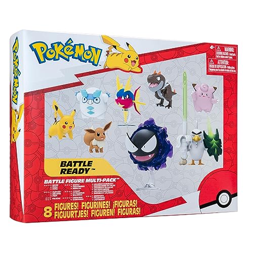 Pokémon Battle Figure 8 pack featuring six 2-inch and two 3-inch figures, including Pikachu in vibrant colors.