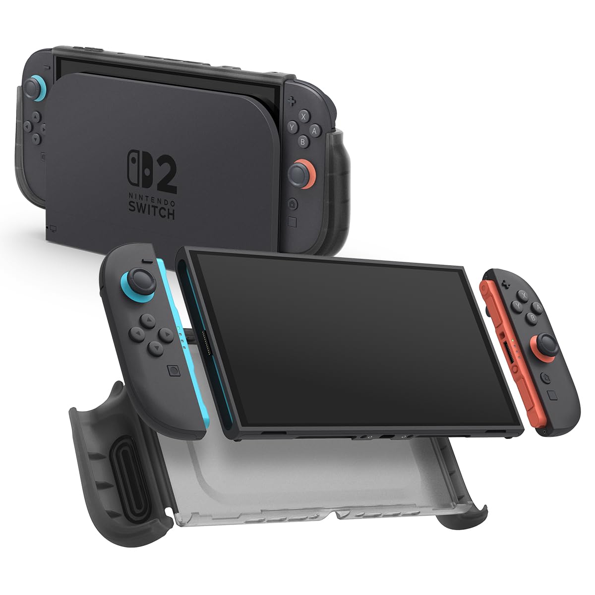 Spigen Ultra Hybrid Nintendo Switch 2 case in Frost Black, protective cover compatible with dock and detachable Joy-Con controllers.
