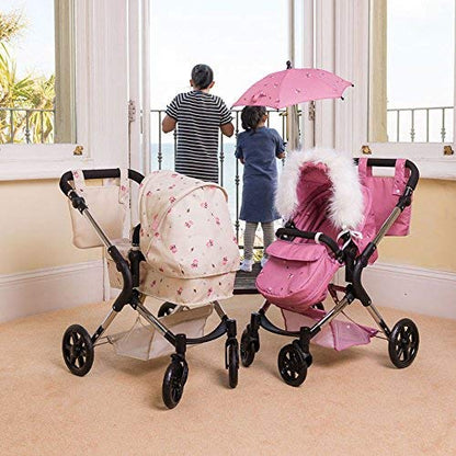 Roma Darcie Twin Dolls Pram in Pink with Adjustable Handle,Dolls Pushchair, Lightweight Dolls Double Buggy, Twin Pram for 3-16 Years, Fits 18 Inch Dolls, Ideal For Christmas, Birthdays and Reborns