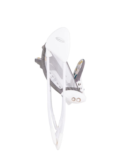 Graco Baby Delight Swing in Parade fashion, lightweight 4.67kg, compact fold, suitable for newborns to 6 months, with 2 swing speeds.