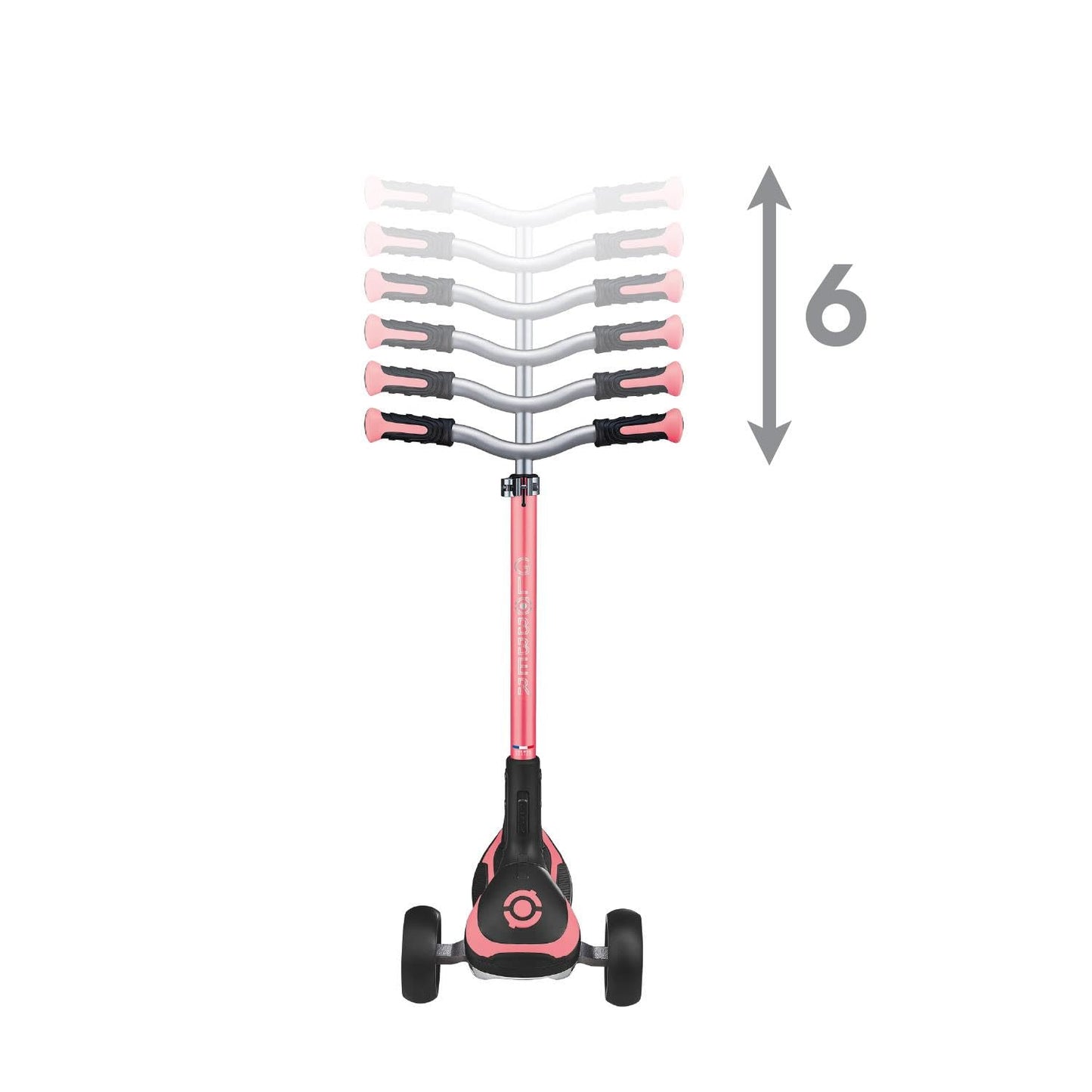 Globber Ultimum 3 Wheel Scooter in coral pink with adjustable height, wide deck, and folding design for kids and adults.