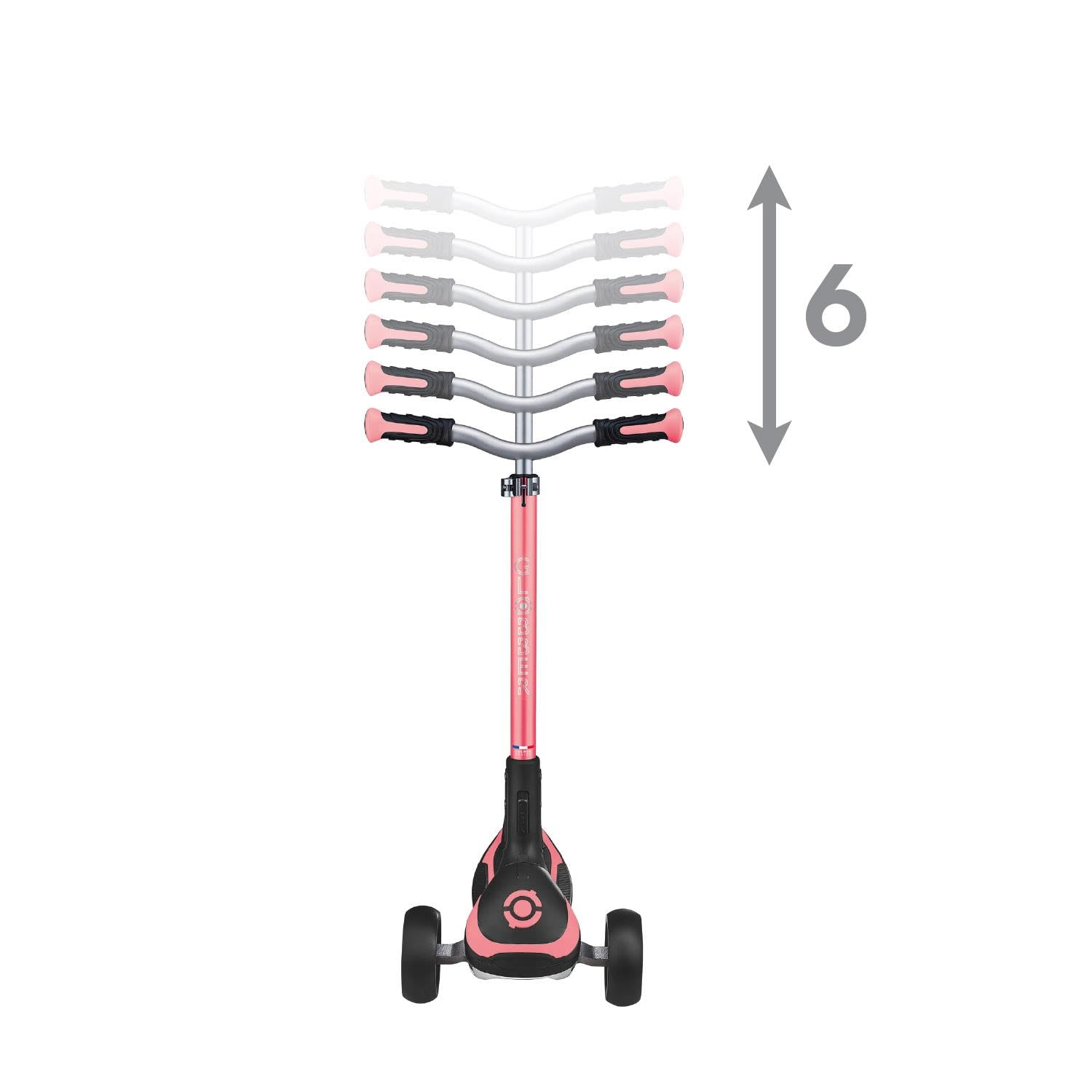 Globber Ultimum 3 Wheel Scooter in coral pink with adjustable height, wide deck, and folding design for kids and adults.
