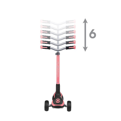 Globber Ultimum 3 Wheel Scooter in coral pink with adjustable height, wide deck, and folding design for kids and adults.