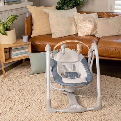 Ingenuity Swing n Go Portable Swing, Removable Sustainably Sourced Wood Toy Bar, 5-Speed, for Ages 0-9 Months, Up to 20 Pounds, Chambray