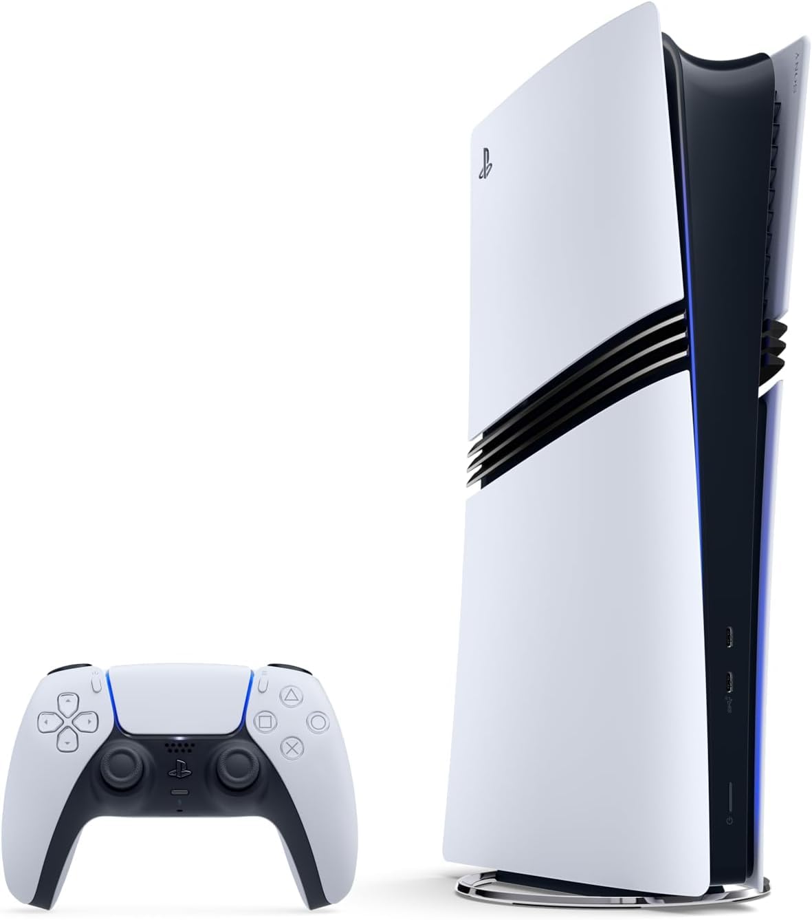 PlayStation 5 Pro console with sleek black design and disc drive, featuring modern gaming hardware and digital display on top.