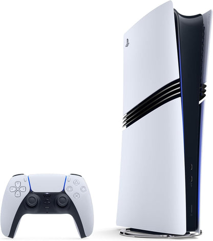 PlayStation 5 Pro console with sleek black design and disc drive, featuring modern gaming hardware and digital display on top.