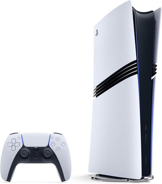 PlayStation 5 Pro console with sleek black design and disc drive, featuring modern gaming hardware and digital display on top.