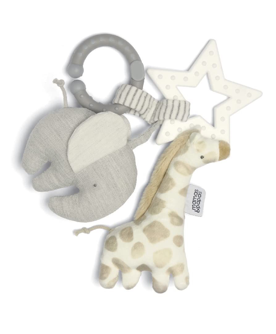 Mamas & Papas Linkie Teething Toy featuring Safari design, soft silicone material, and colorful animal shapes for babies.