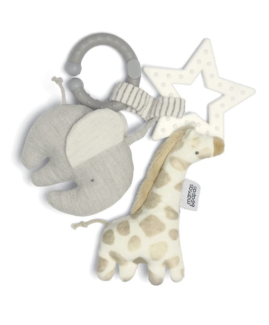 Mamas & Papas Linkie Teething Toy featuring Safari design, soft silicone material, and colorful animal shapes for babies.