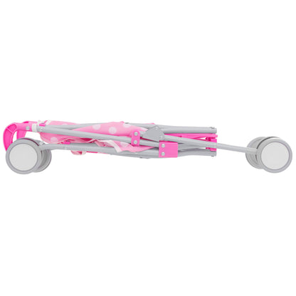 Pink polka dot Dolly Tots twin stroller for kids, lightweight double dolls pram with umbrella fold, perfect for role play and toddlers.