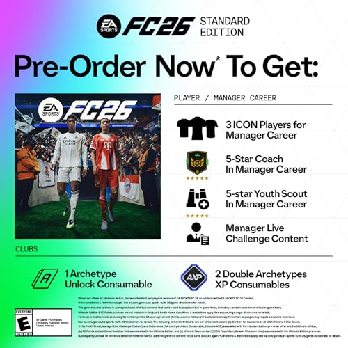 EA SPORTS FC 26 Nintendo Switch game cartridge by Electronic Arts, featuring colorful sports-themed cover art.